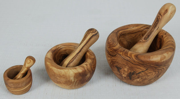 mortars with  pestle made of olive wood